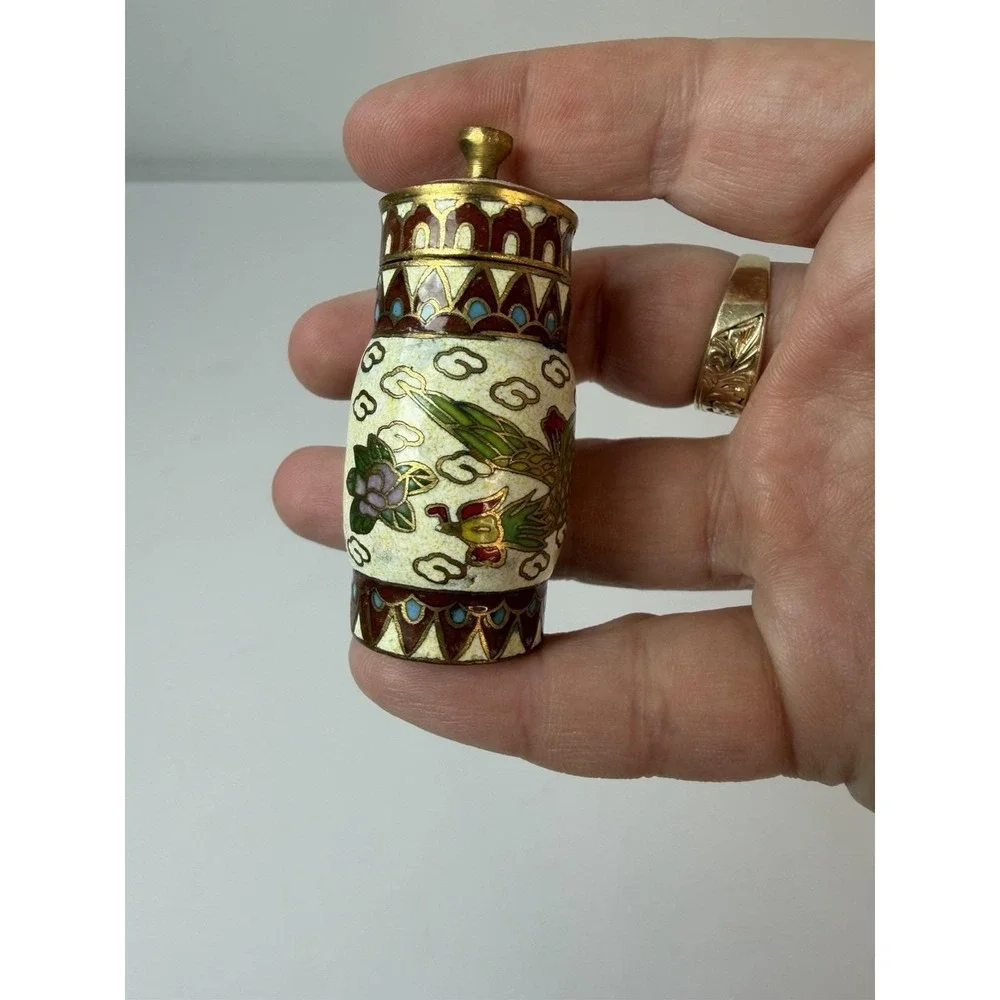 Minaiture Cloisonné Lidded Jar Vintage Bird Chicken? Design 2